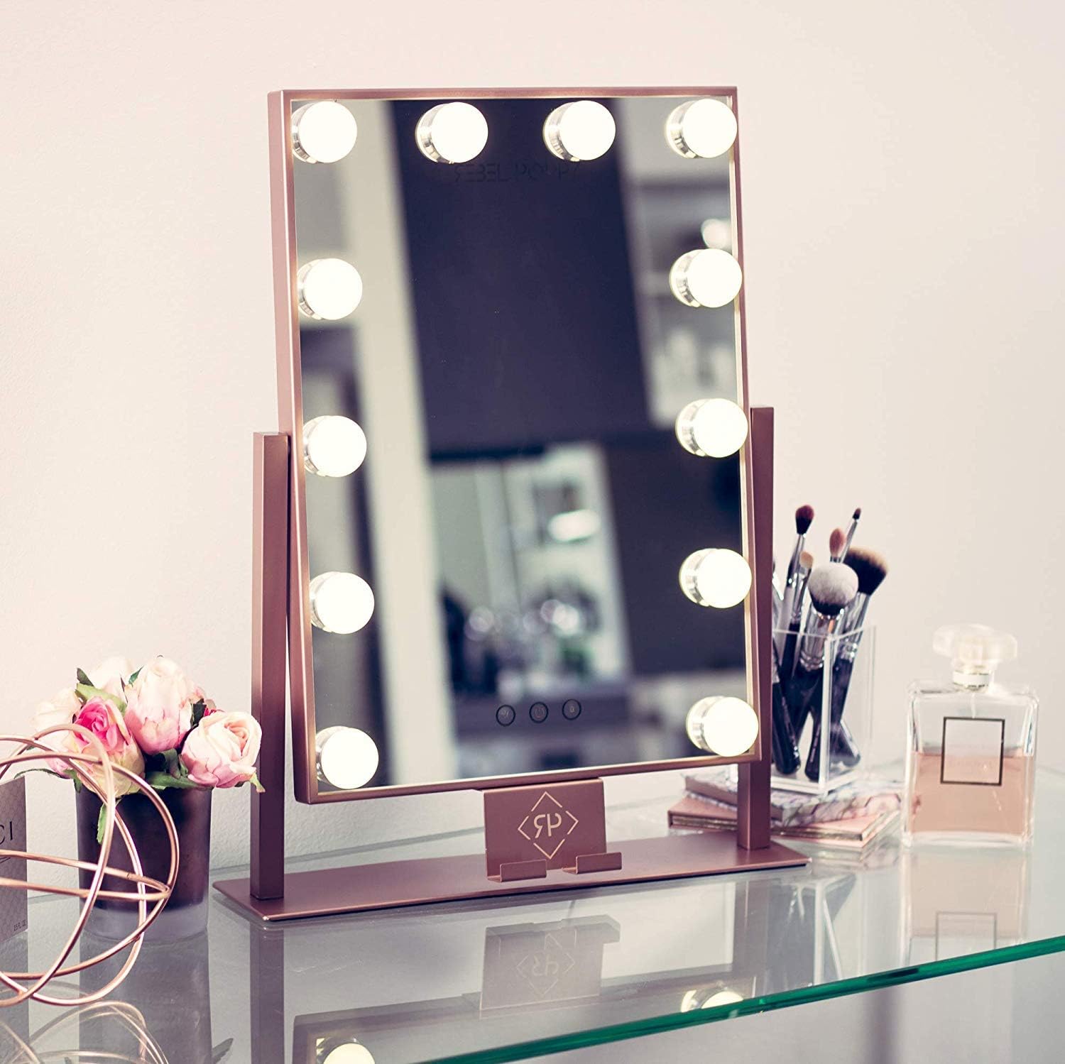 Vanity Mirror With Lights and Phone Mount - Hollywood Style Makeup Vanity Mirror with Lights 12x3W Dimmable LEDs with Touch Control, Phone Cradle | Tabletop Lighted Cosmetic Mirrors